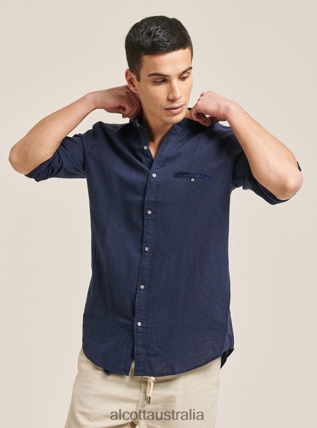 Camicia 100% Lino Collo Coreano Men 2TH442971 AZ3 AZURRE LIGHT Alcott Clothing
