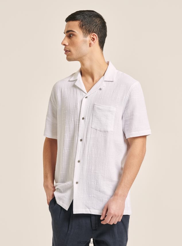 Linen Blend Shirt With Breast Pocket And Bowling Collar Men 2TH442607 WHITE Alcott Clothing