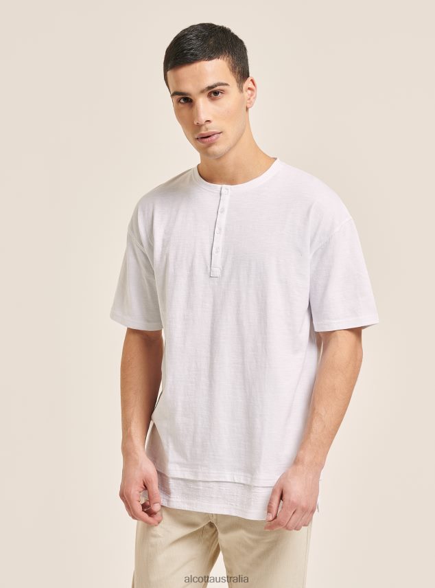 Linen Blend T-Shirt With Serape Collar Men 2TH442599 WHITE Alcott Clothing