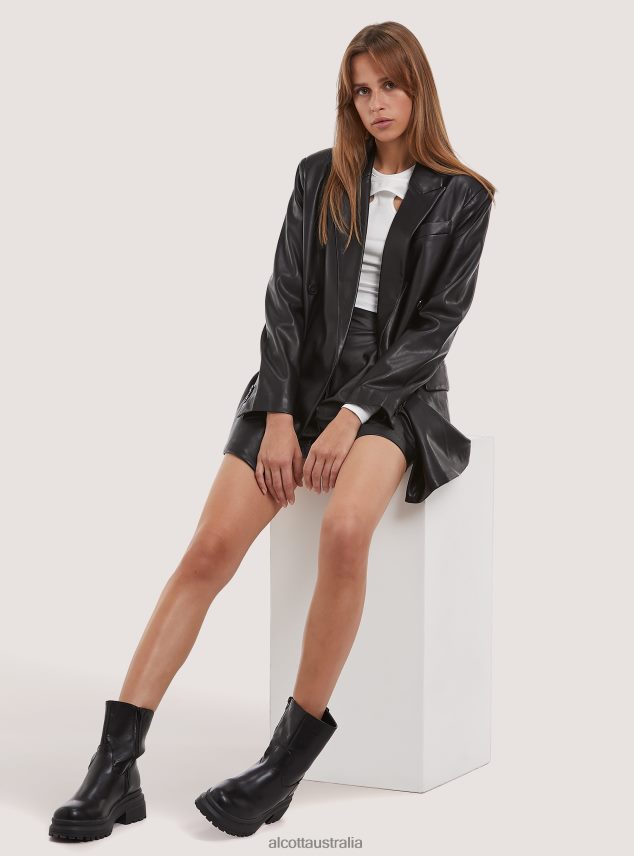 Oversize Leather-Effect Double-Breasted Blazer Women 2TH442312 BK1 BLACK Alcott Clothing