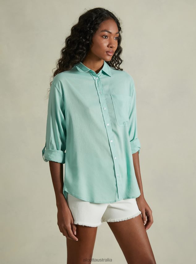 Linen Blend Shirt With Breast Pocket Women 2TH442388 GA3 AQUA GREEN LIGHT Alcott Clothing