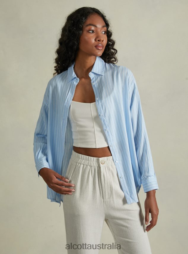 Linen Blend Striped Shirt Women 2TH44221 AZ3 AZURRE LIGHT Alcott Clothing