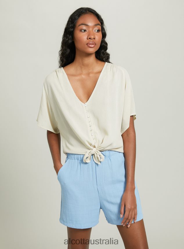 V-Neck Shirt With Waist Knot Women 2TH442219 WH2 WHITE Alcott Clothing