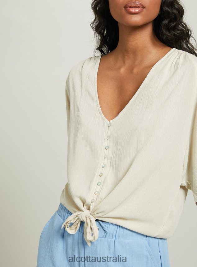 V-Neck Shirt With Waist Knot Women 2TH442219 WH2 WHITE Alcott Clothing