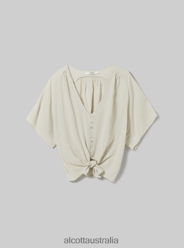 V-Neck Shirt With Waist Knot Women 2TH442219 WH2 WHITE Alcott Clothing