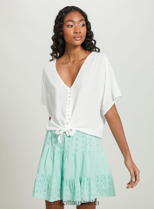 V-Neck Shirt With Waist Knot Women 2TH4424 WH2 WHITE Alcott Clothing