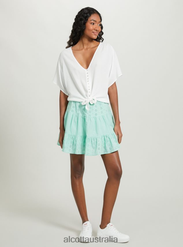 V-Neck Shirt With Waist Knot Women 2TH4424 WH2 WHITE Alcott Clothing