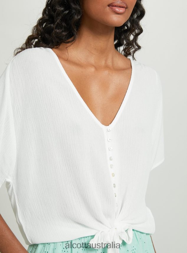 V-Neck Shirt With Waist Knot Women 2TH4424 WH2 WHITE Alcott Clothing