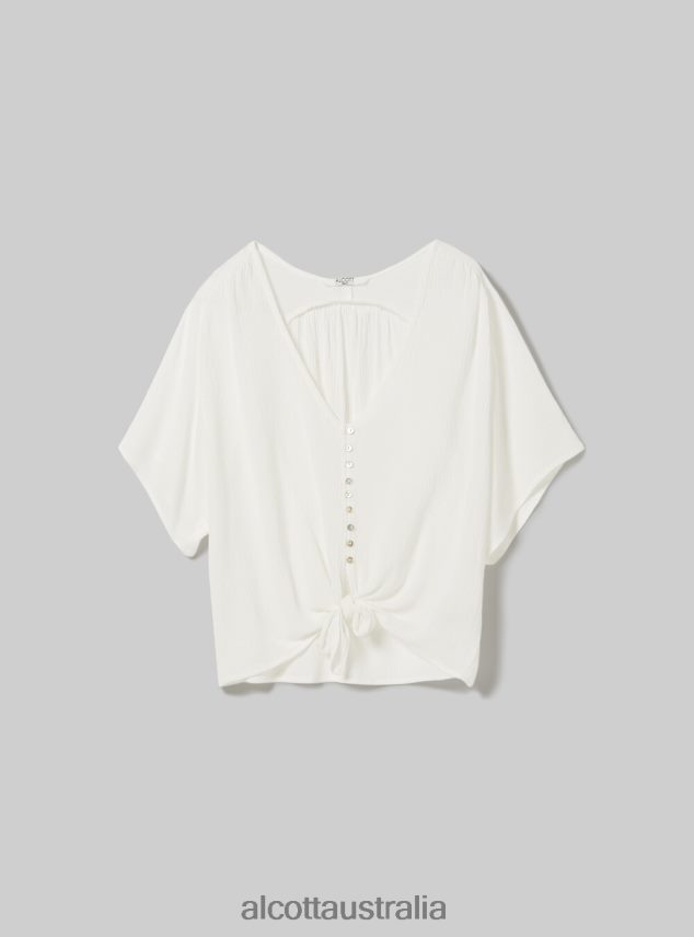 V-Neck Shirt With Waist Knot Women 2TH4424 WH2 WHITE Alcott Clothing