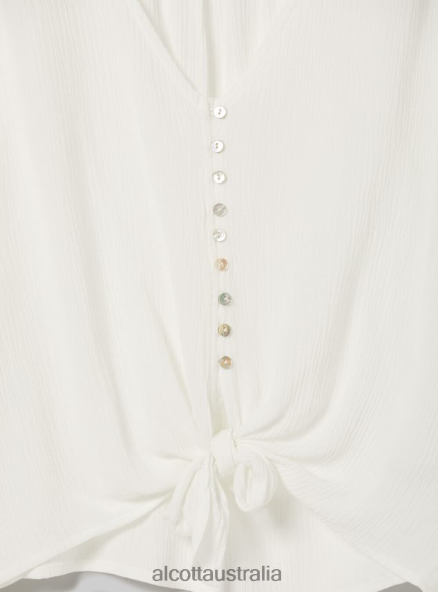 V-Neck Shirt With Waist Knot Women 2TH4424 WH2 WHITE Alcott Clothing